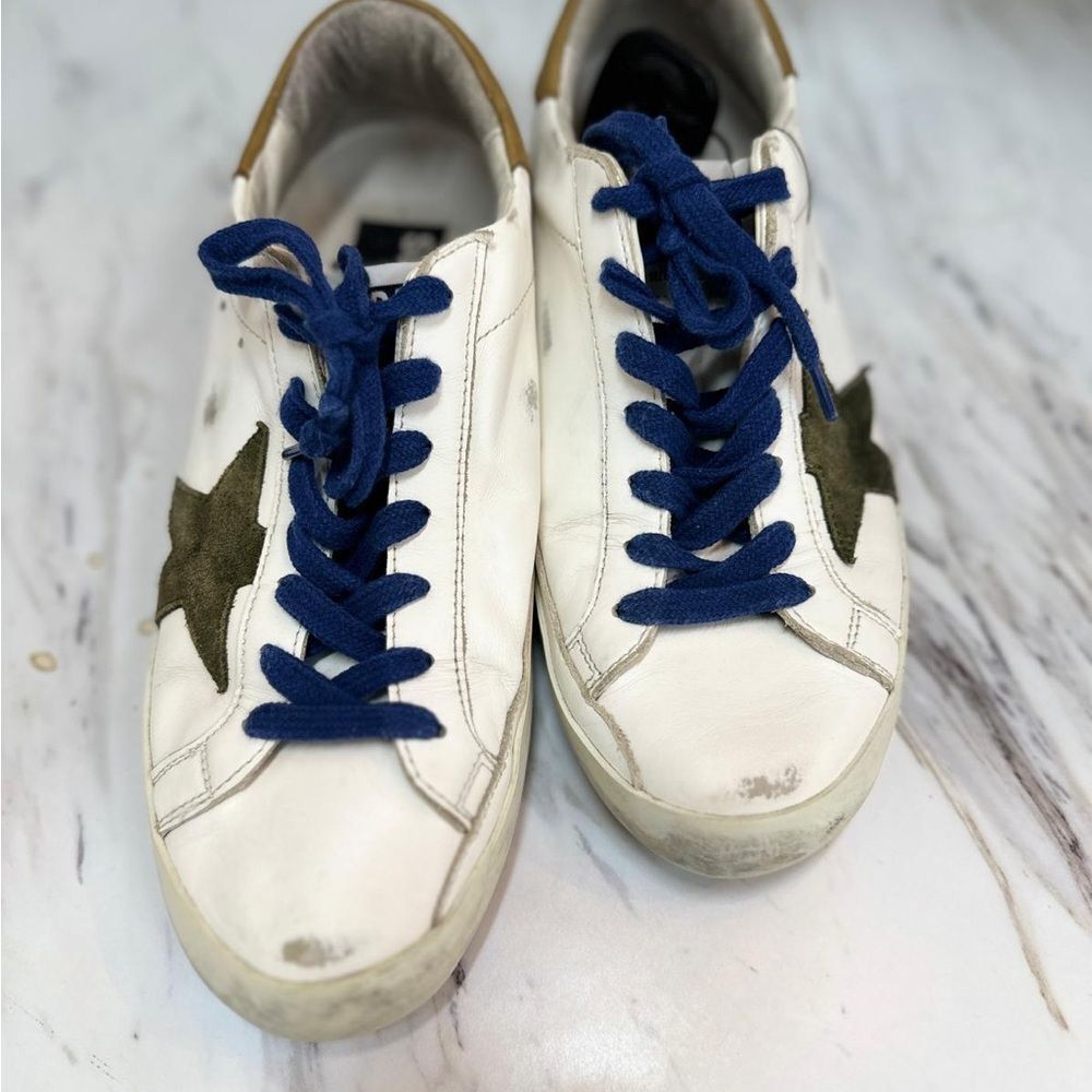 Golden Goose White Sneakers with Blue Laces and Star Detail